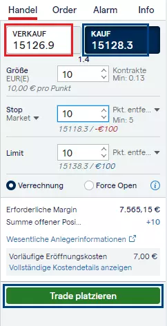 Ein Screenshot des Handelstickets auf der IG-Plattform, das zeigt, wo Sie klicken müssen, wenn Sie Long oder Short gehen wollen.